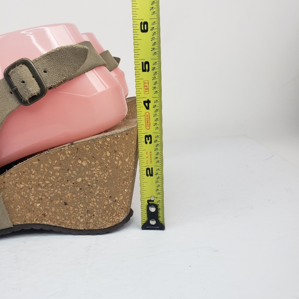 Bio-Gold Wedge Sandals Taupe Leather Ankle Strap Peep Toe - Picture 3 of 11